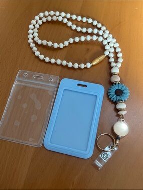 New White Beaded Lanyard with Blue Flower Badge Holder